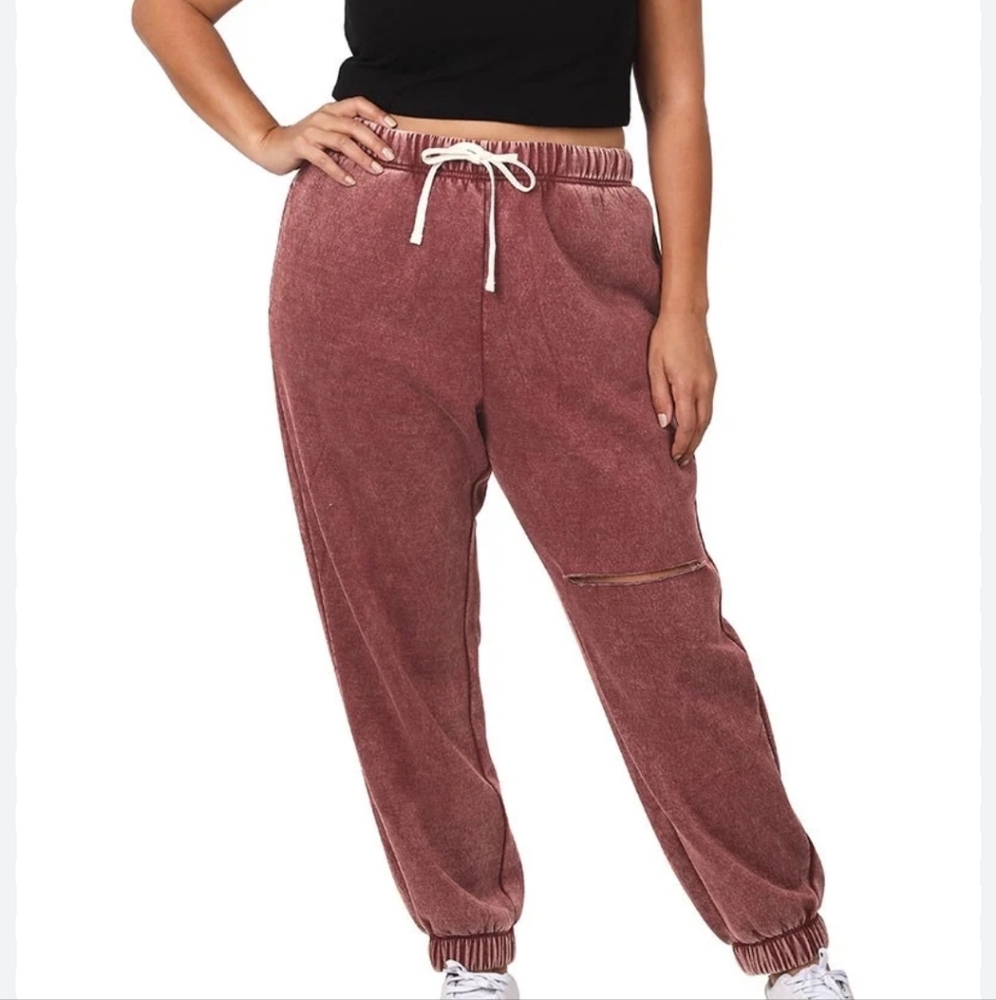 Zenana Boutique Plus Size Acid Wash Laser Cut Jogger Sweatpants